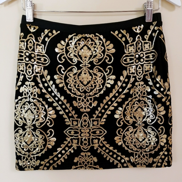 Forever 21 black gold sequin stretch mini skirt L - Picture 1 of 4
